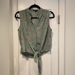 Papaya Size S Mint Green Silky Tie Front Floral Button Down Sleeveless Crop Top